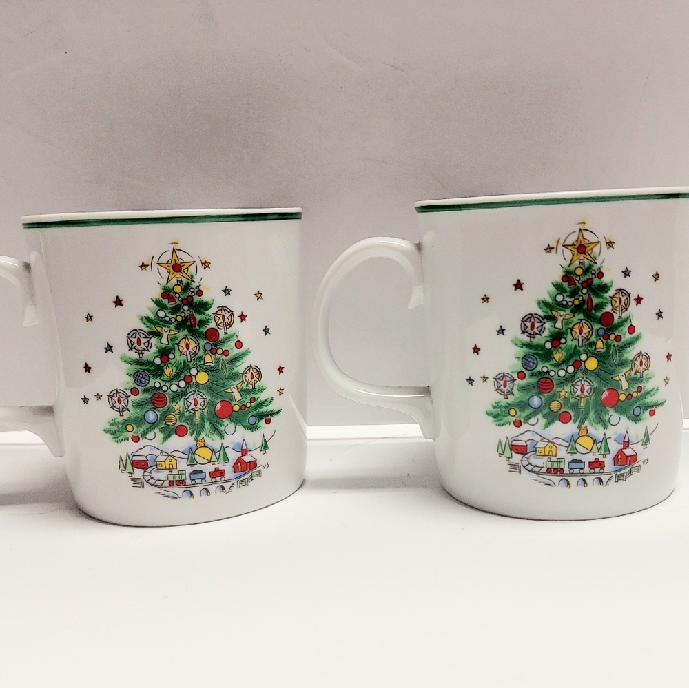 Set of 2 Salem Christmas Eve Tree Porcelain Demitasse Coffee Mug Cups 3.5" Train
